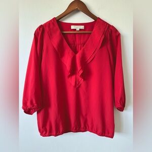 LOFT Women’s Red Ruffle Three-Quarter Sleeve V-Neck Dressy Blouse Size MP